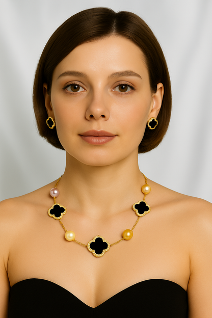 Elegant Clover Pearl Necklace(BLACK)20100